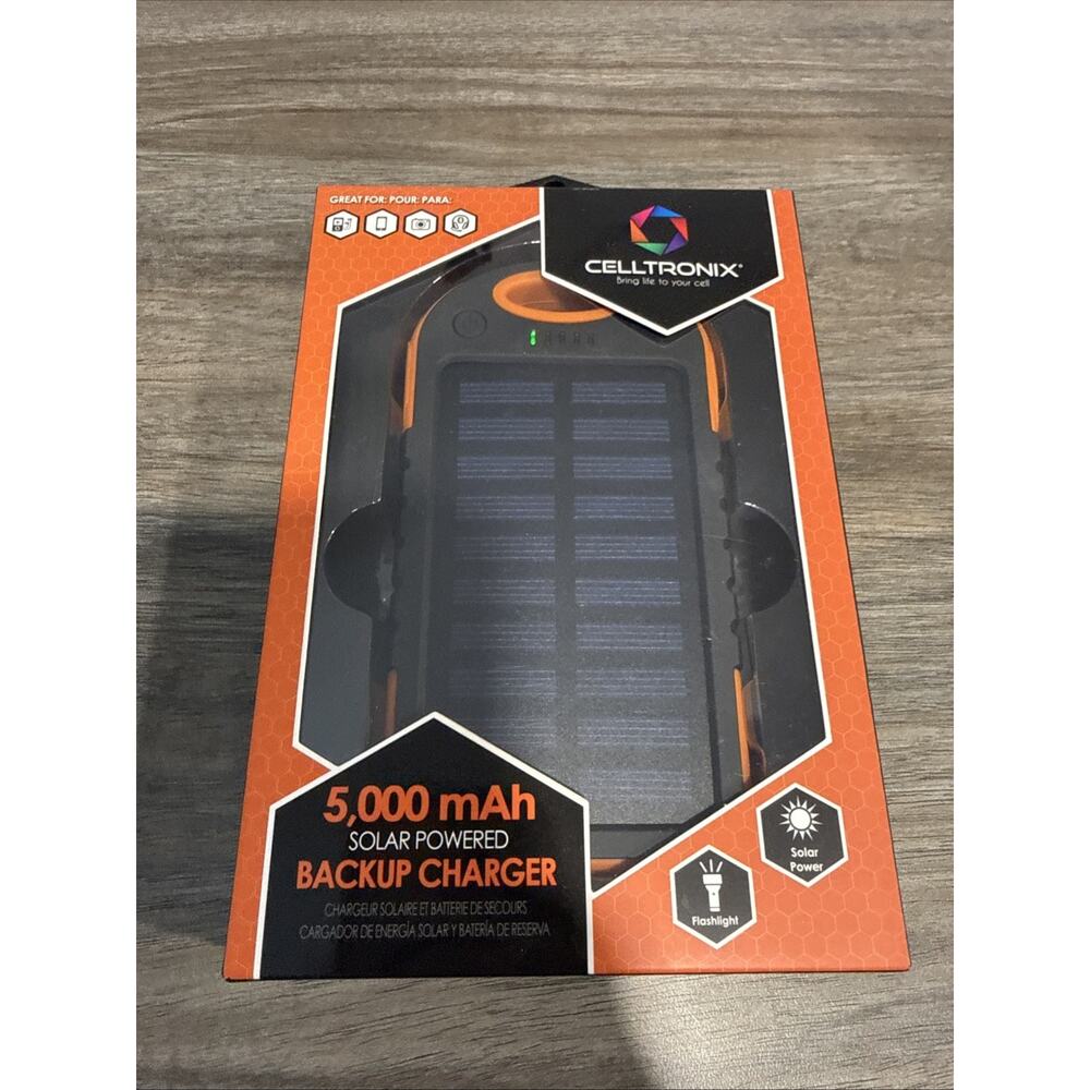 Celltronix 5,000 mAh Solar/Cable Portable Charger and Flashlight - Black/Orange